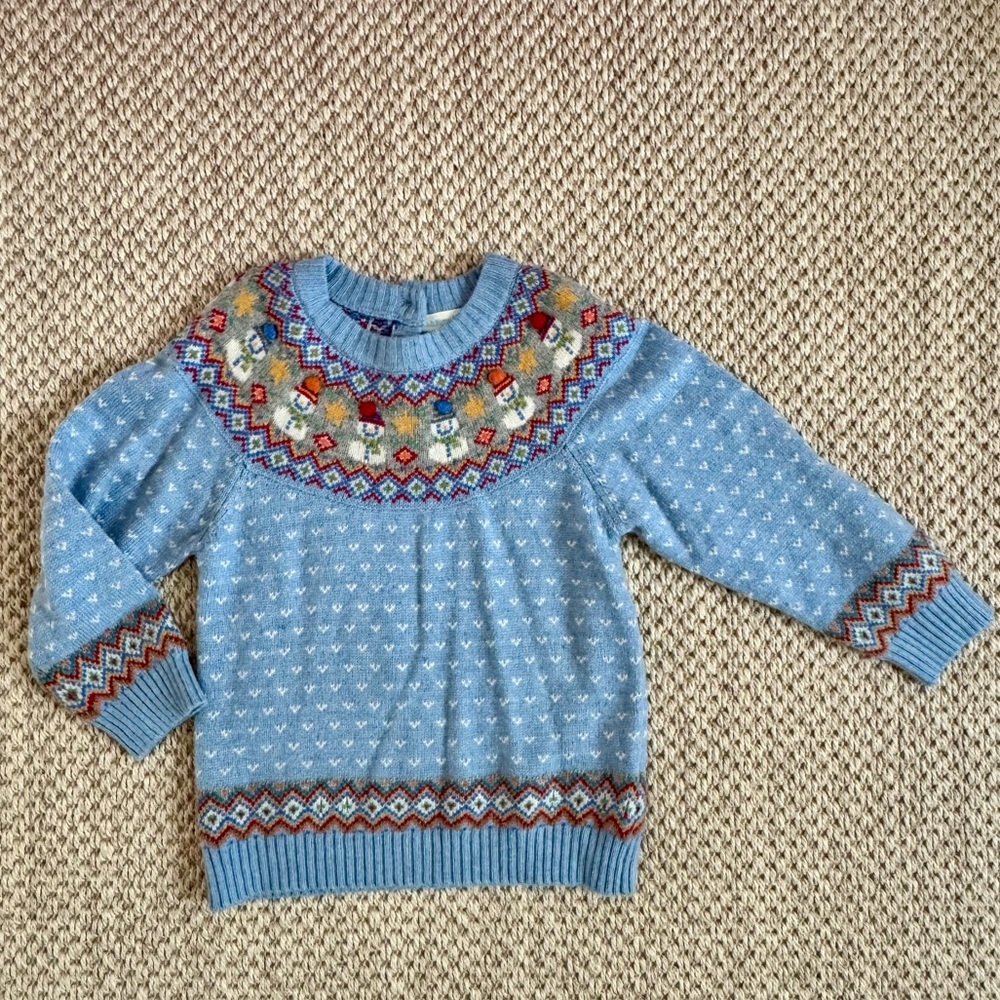 JoJo Maman Bébé Blue Snowman Fairisle Pattern Sweater - Cashmere/Wool blend